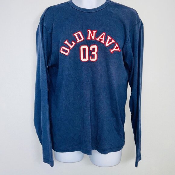 Vintage Old Navy Mens L Shirt Blue Thermal Waffle Weave Long Sleeve Logo Pullove - Picture 2 of 10